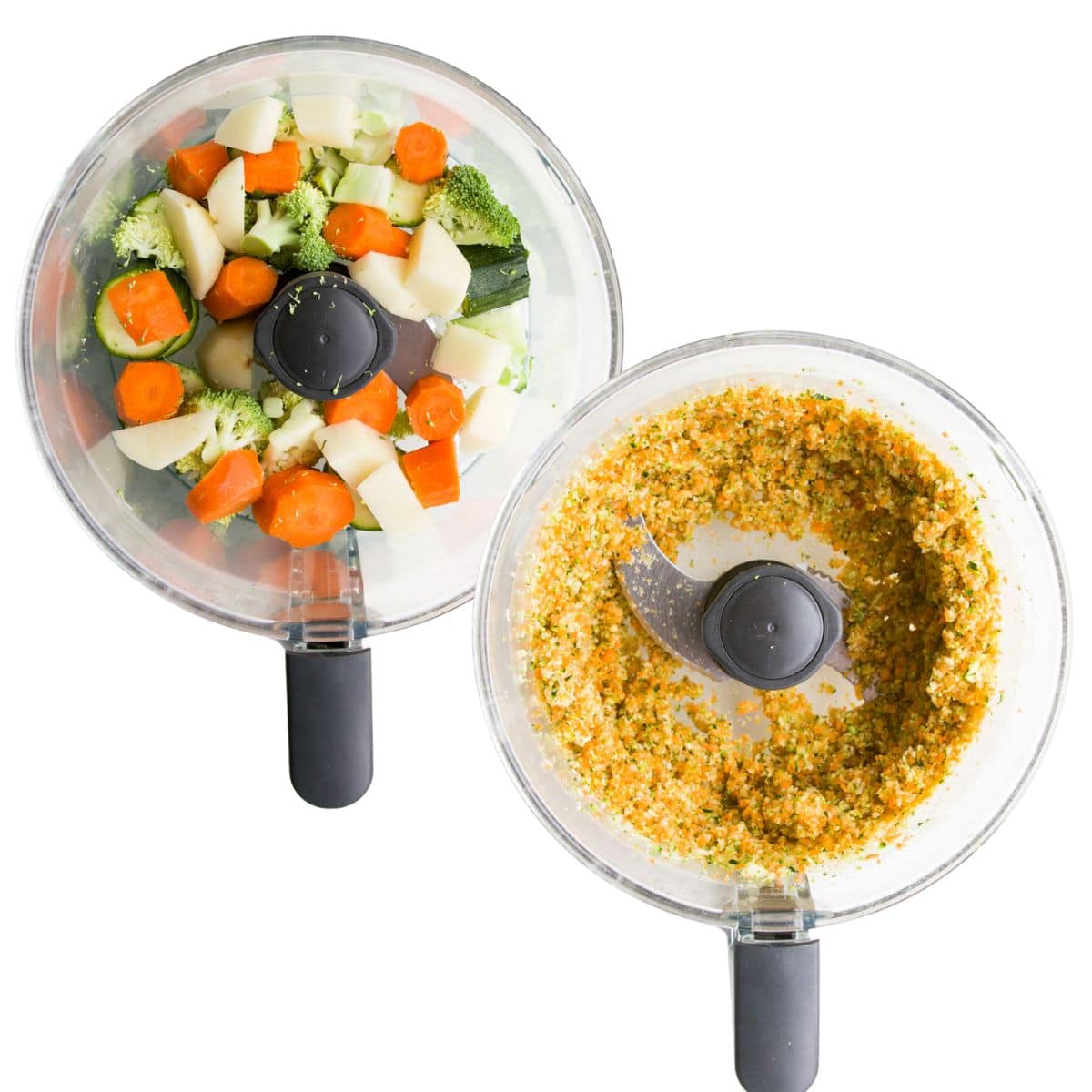 Two Images of Food Processor Bowl. One with Veggies Before Blending and the Second After Blending.