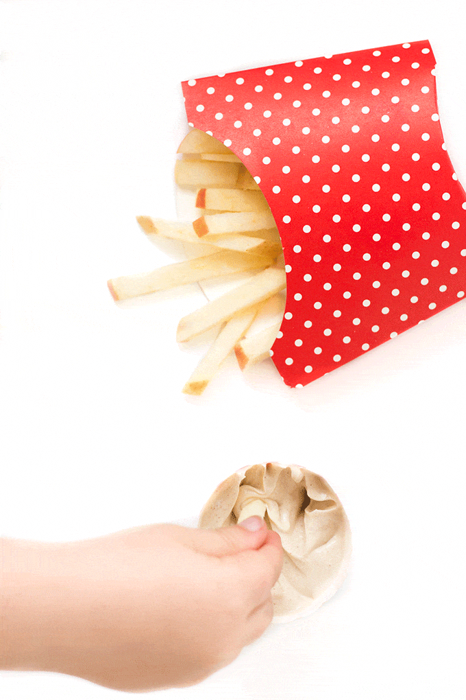 Apple fries with a peanut butter dip. A healthy and fun snack for kids using only 3 ingredients.