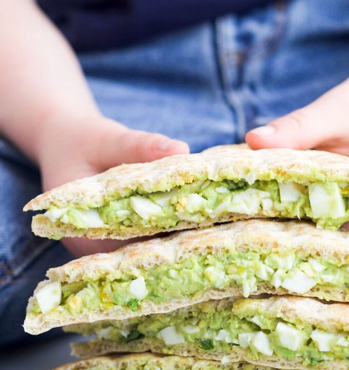 Avocado Egg Salad Sandwiches Cut and Stacked