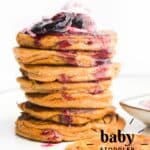 Baby-led Weaning Pinterest Pin with Image of Stack of Pancakes Topped with Yogurt and Berries.