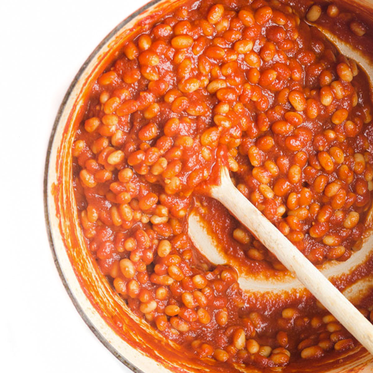 Close Up Shot of Cooked Homemade Baked Beans in Pan. 