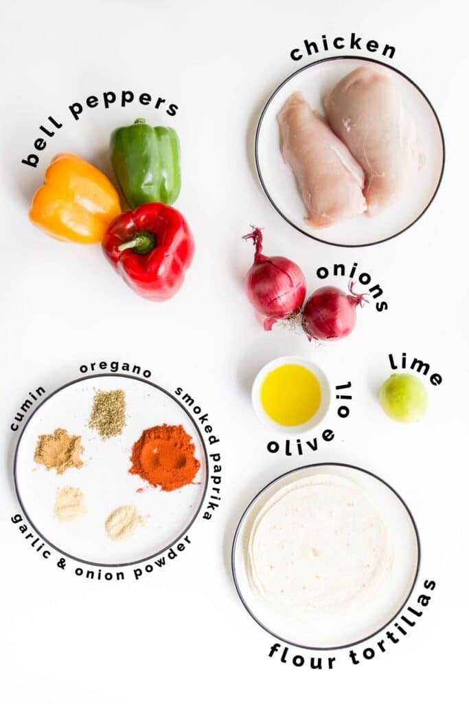 Flat Lay of Ingredients Needed to Make Sheet Pan Chicken Fajitas