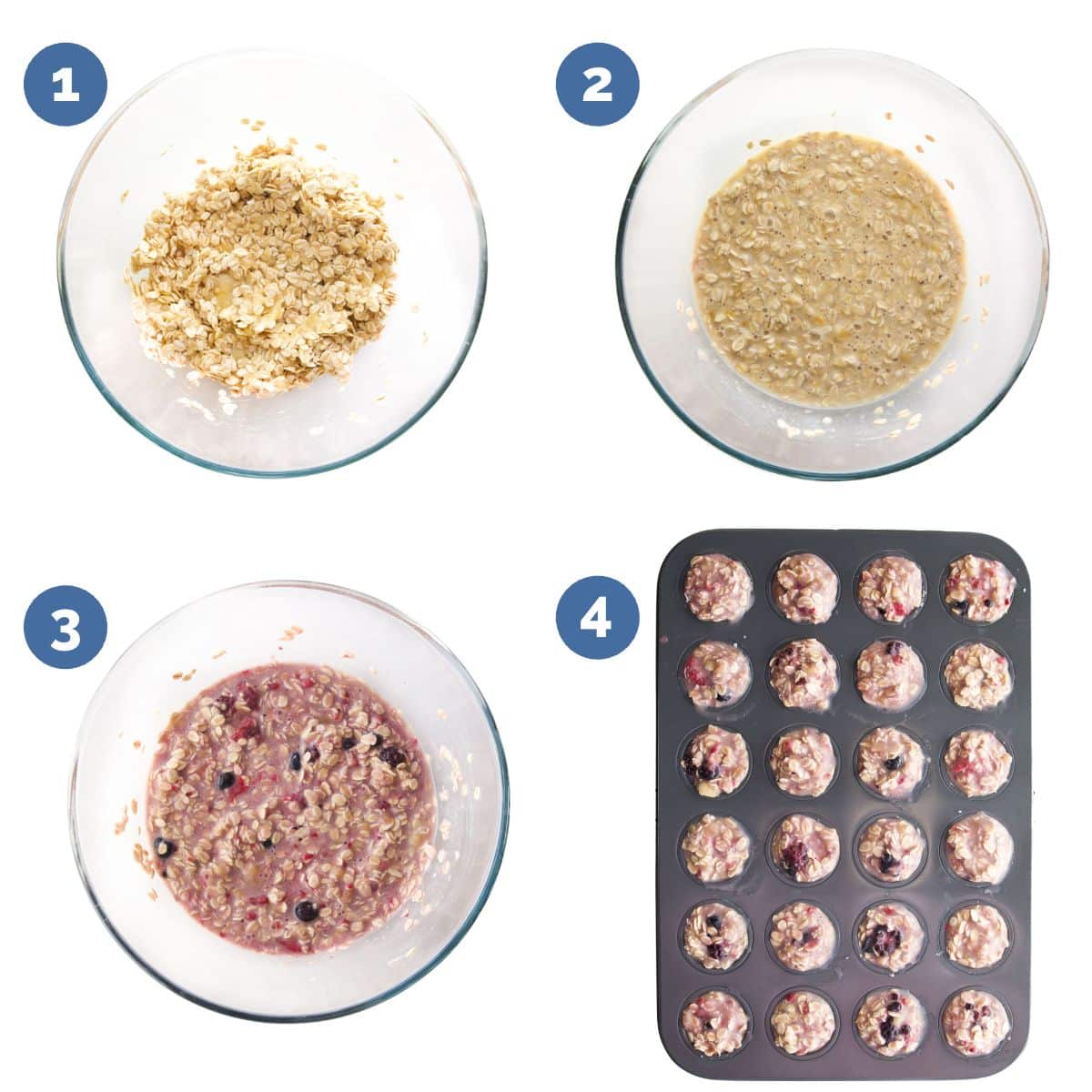 Collage of 4 Images Showing How to Make Fruity Oatmeal Cups. 1)Mashed Banana and Oats in Bowl 2)Milk, Eggs and Vanilla Added to Bowl and Mixed 3) Berries Added and Mixed 4)Mixture in Mini Muffin Tray.