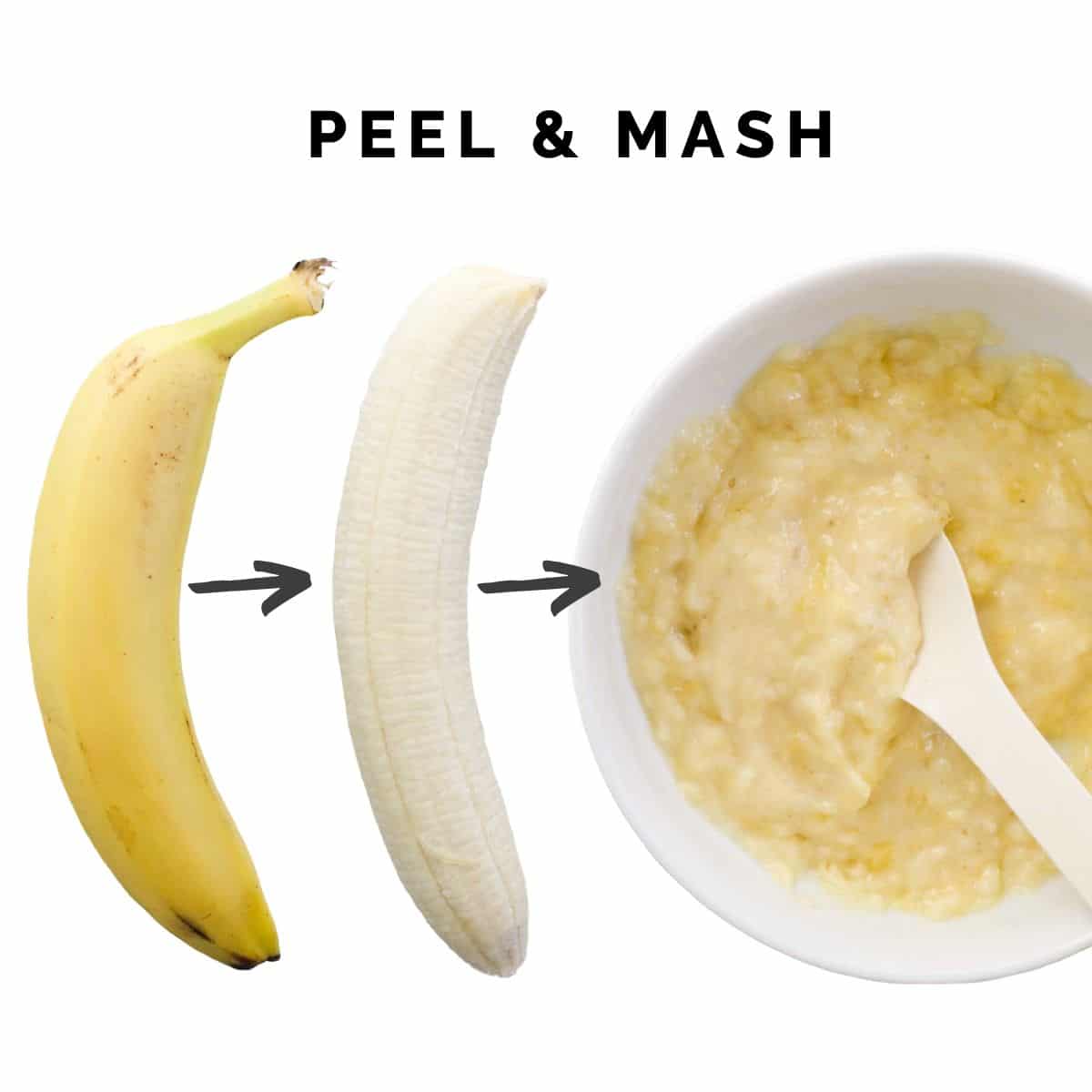 Banana Before Peeling, Banana After Peeling and Banana Mashed in Bowl