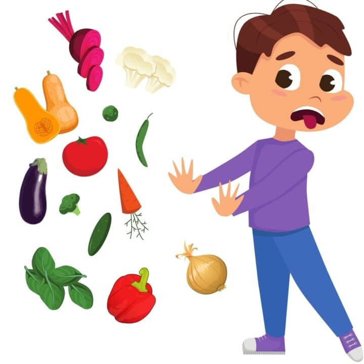 Cartoon Image of Boy Sticking His Tongue Out and Pushing Veggies Away.