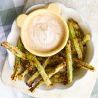 Broccoli Fries in Bowl with Smoked Paprika Dip.