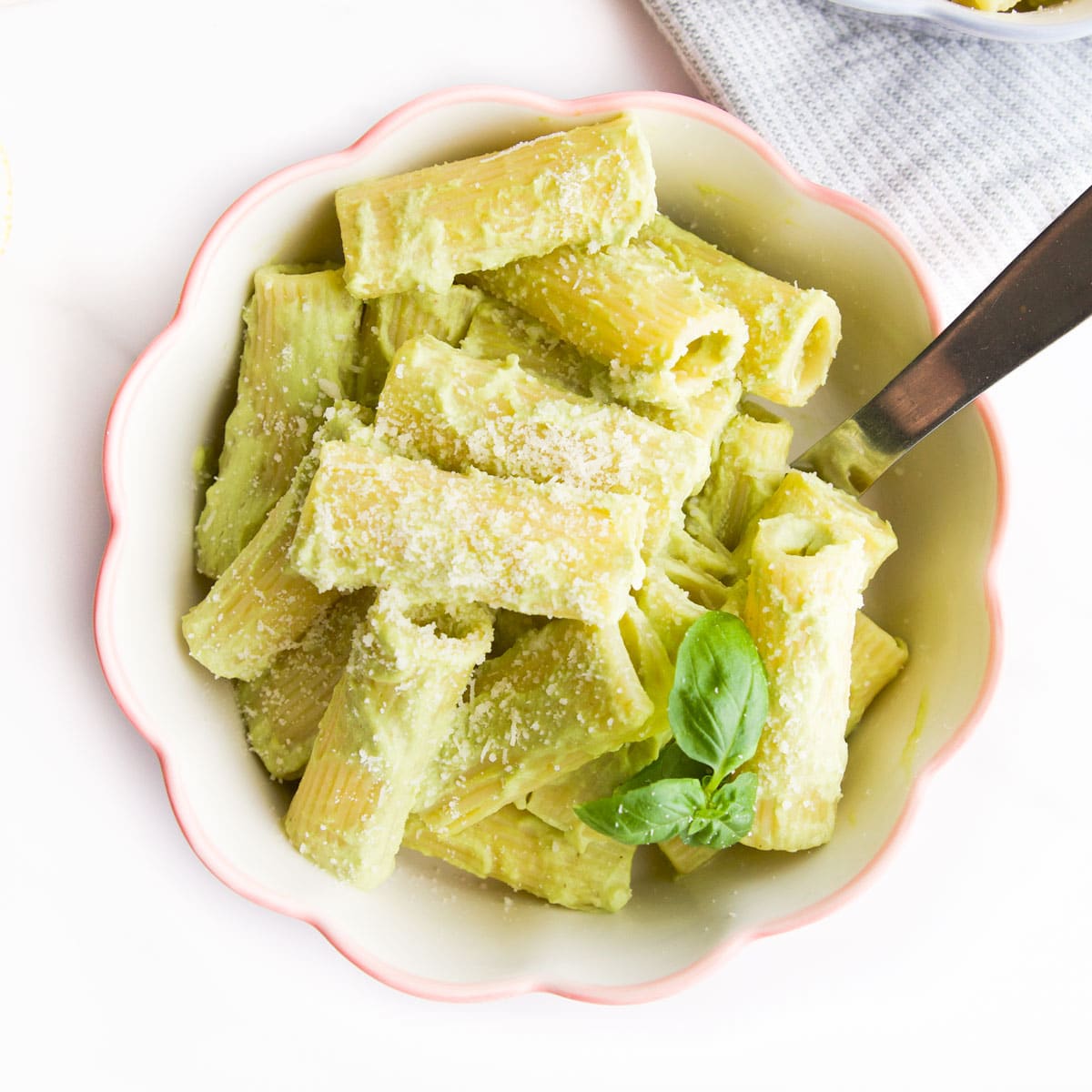 Bowl of Pasta Coated in Broccoli Pesto Sauce. 