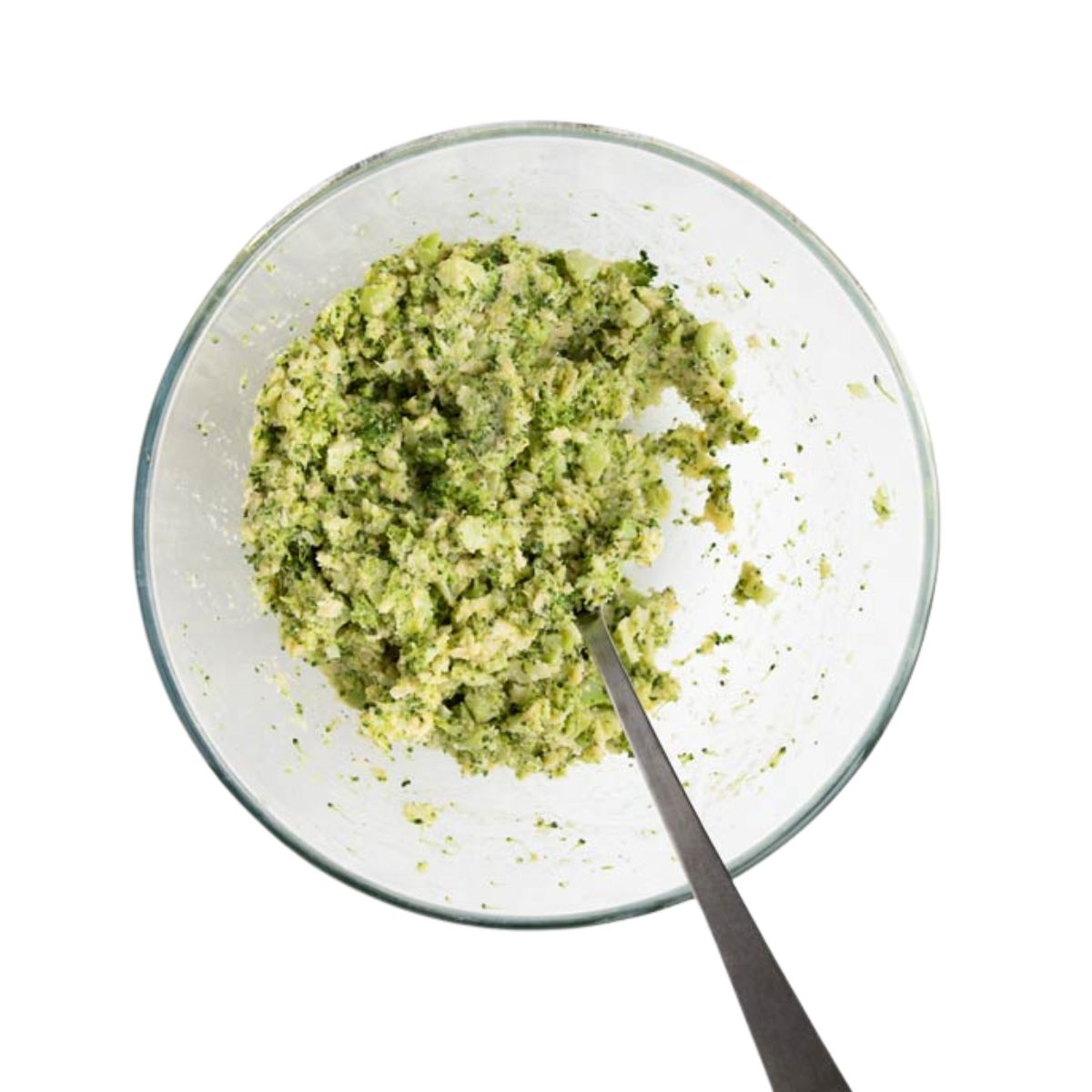 Broccoli Tot Mixture in Mixing Bowl. 