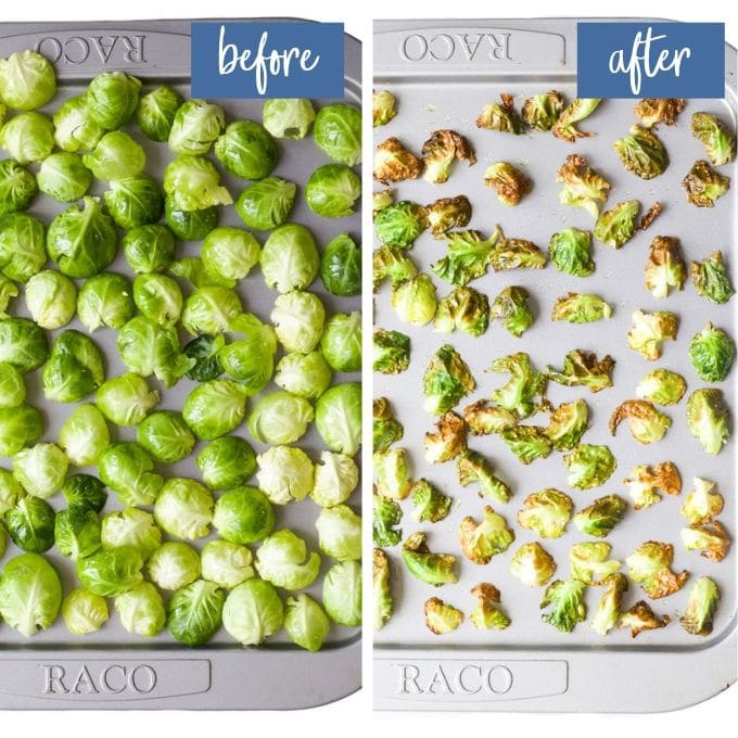 Brussels Sprouts Chips on Baking Tray Before and After Cooking