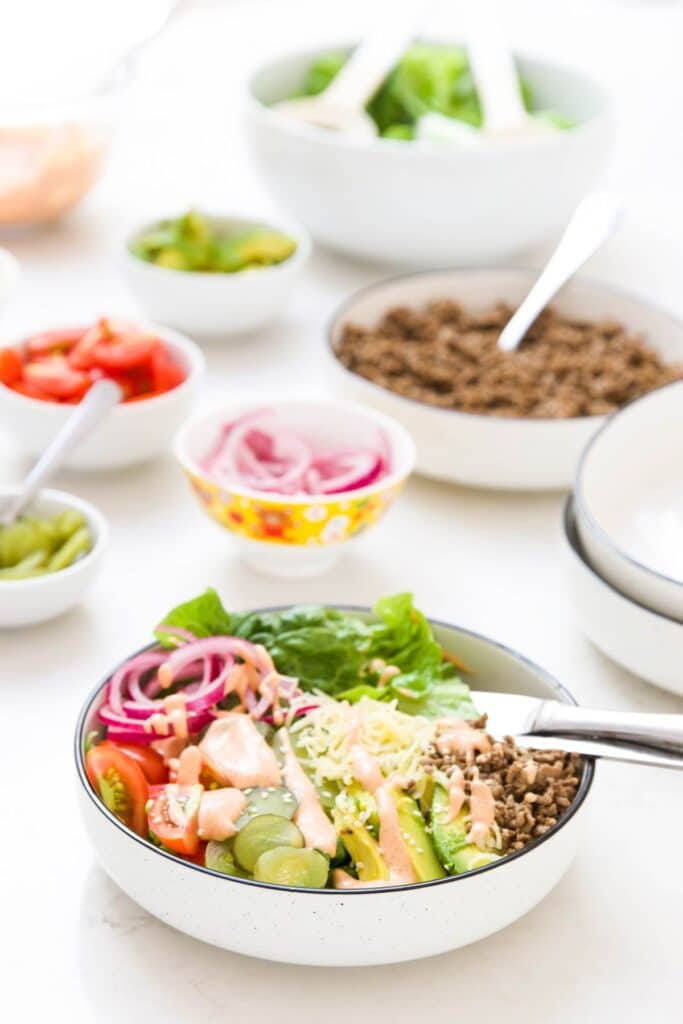 Side View of Burger Bowl with Salad Ingredients in Background