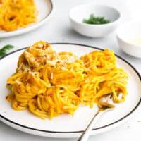 White Plate With Spaghetti in a Carrot Pasta Sauce with Small Bowls of Parsley and Parmesan Cheese in Background.