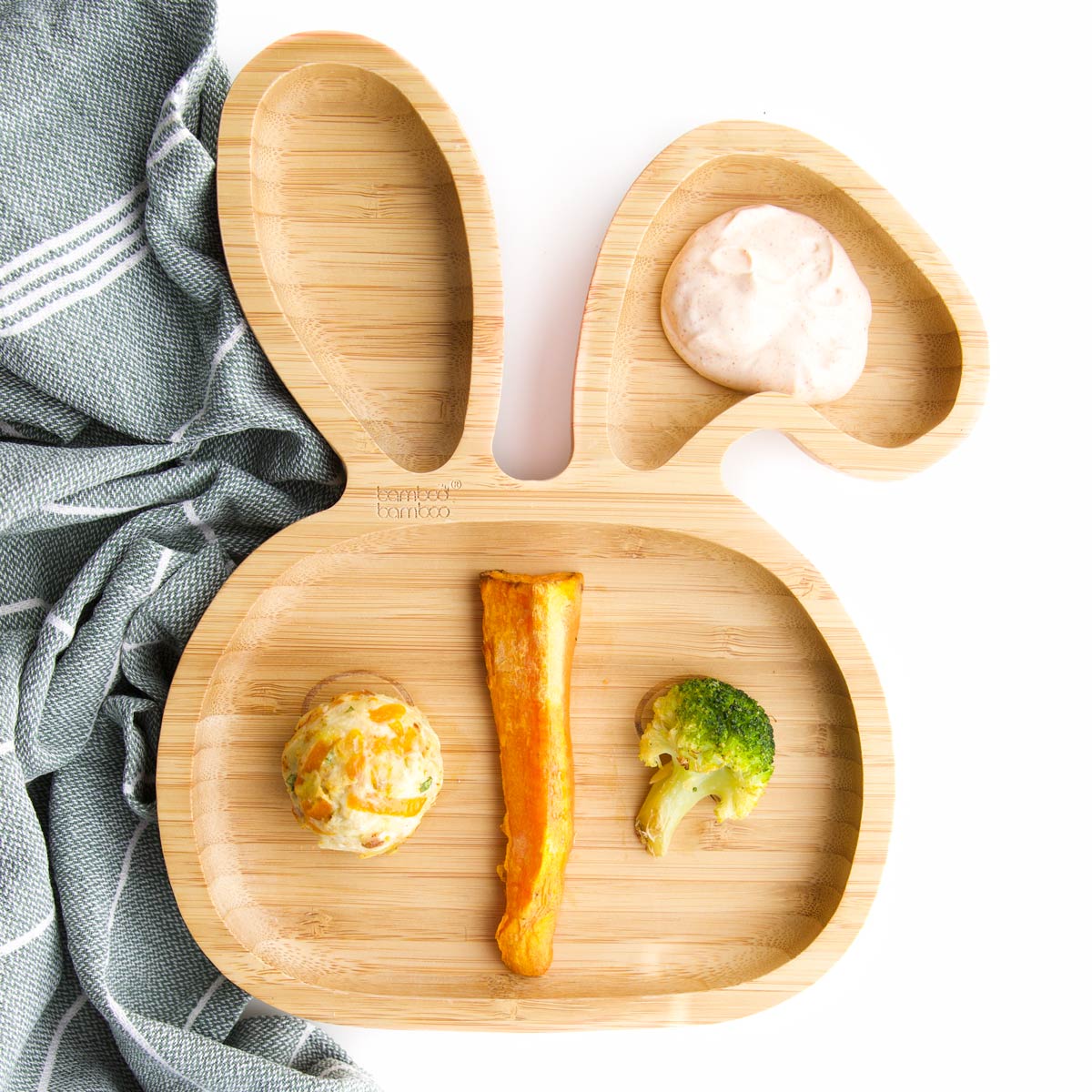 Chicken Meatball, Sweet Potato Wedge and Roasted Broccoli on Baby Bunny Plate.