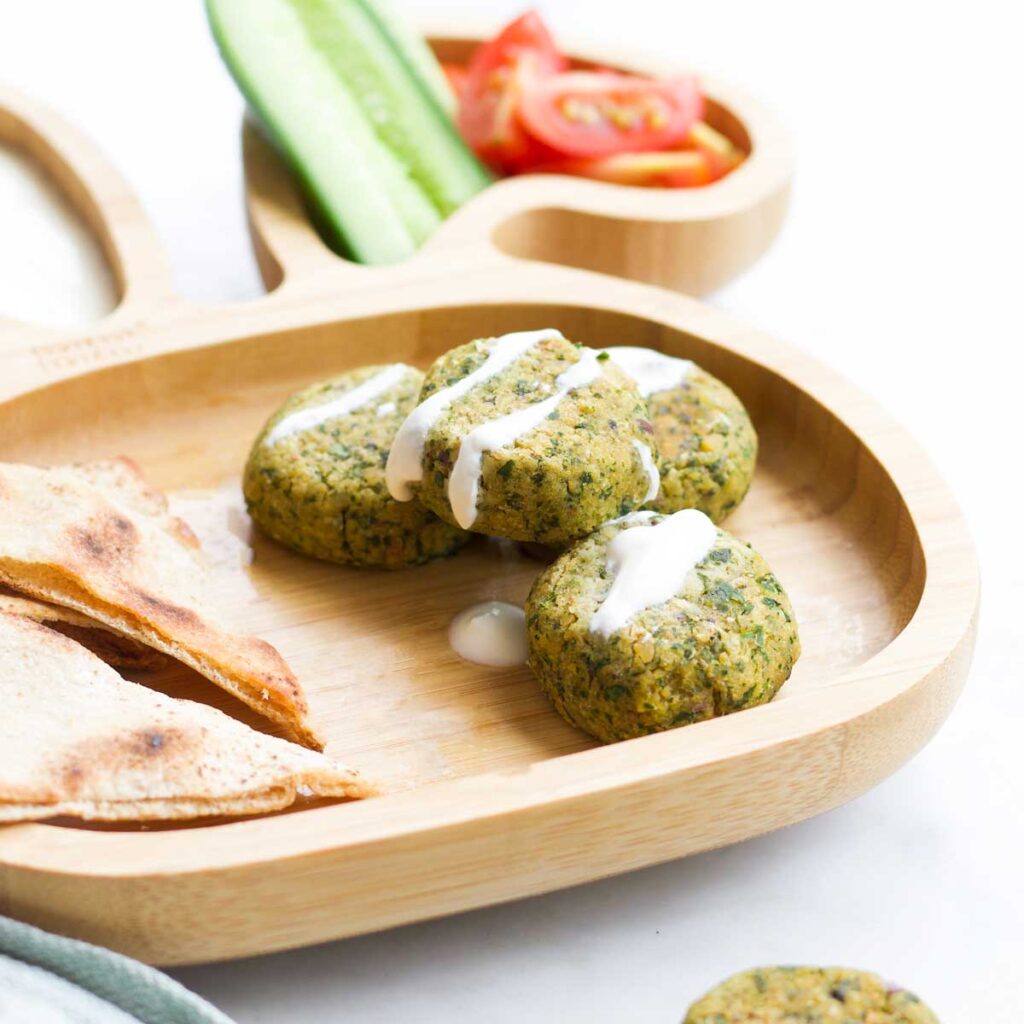 Falafel with Yoghurt Dip on Toddler Bunny Shape Plate with Pita Bread, Cucumber and Tomato