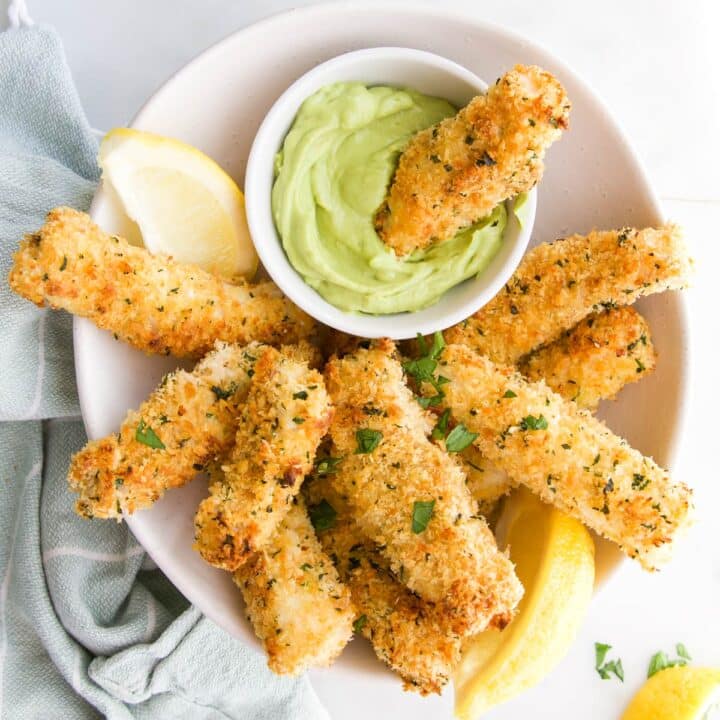 Fish Goujons in Bowl with Avocado Dip