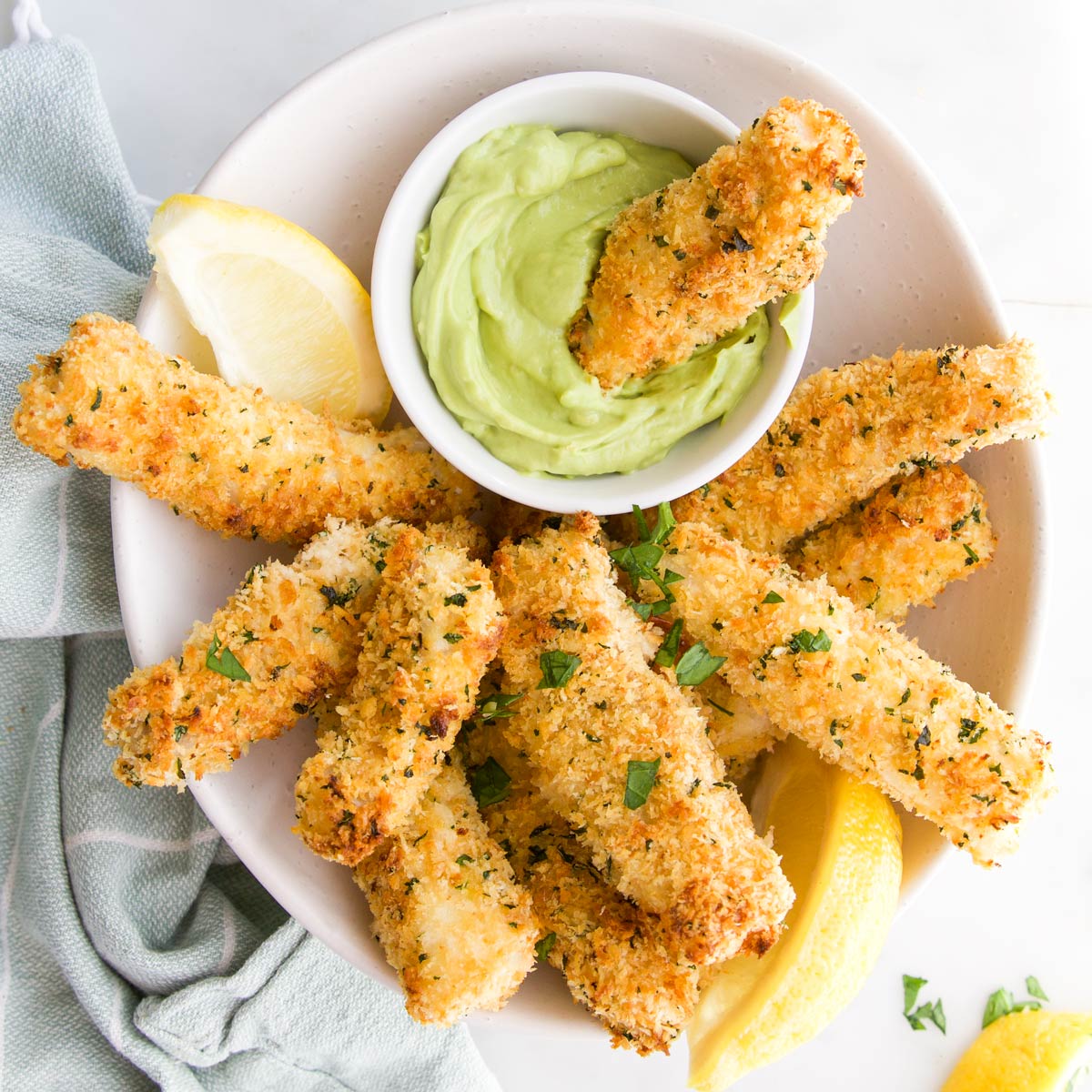 Fish Goujons in Bowl with Avocado Dip