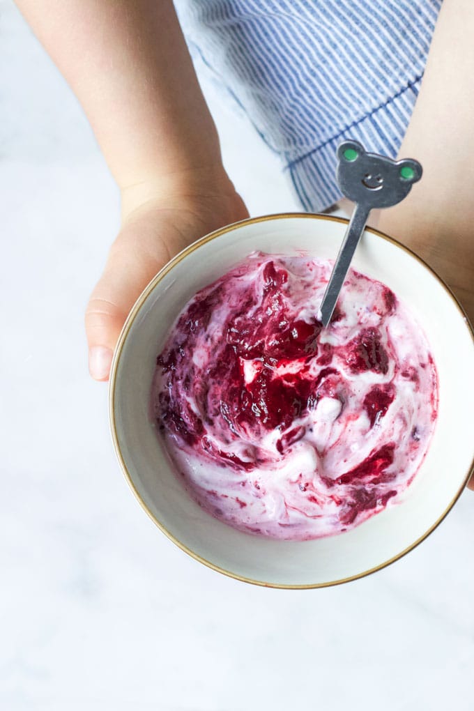 Yoghurt in a Bowl with Fruit Compote Stirred Through