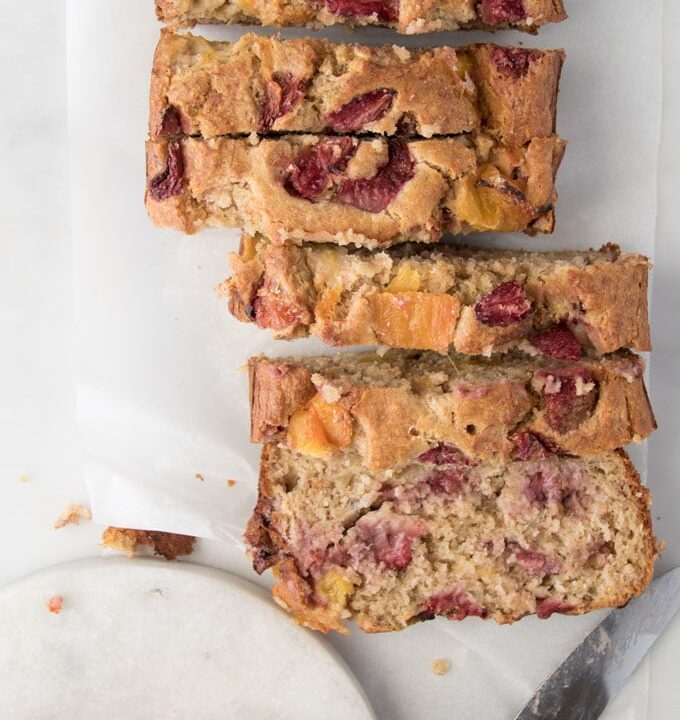 Healthy Strawberry Mango Banana Bread. No refined sugar, sweetened only with fruit. Great for baby-led weaning. Lunchbox friendly