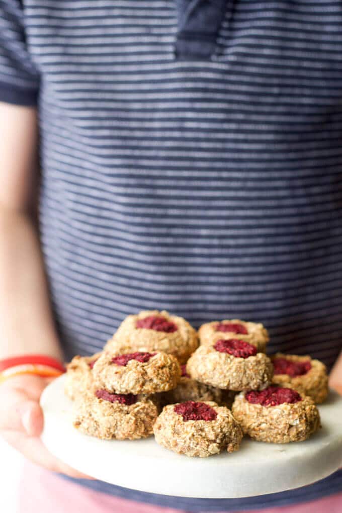 Healthy Thumbprint cookies perfect for baby led weaning or for kids. Made with 5 healthy ingredients they are healthy enough to serve for breakfast! Lunchbox friendly. #babyledweaning #blw #kidfood #kidsfood #kidsnack #dairyfree #eggfree