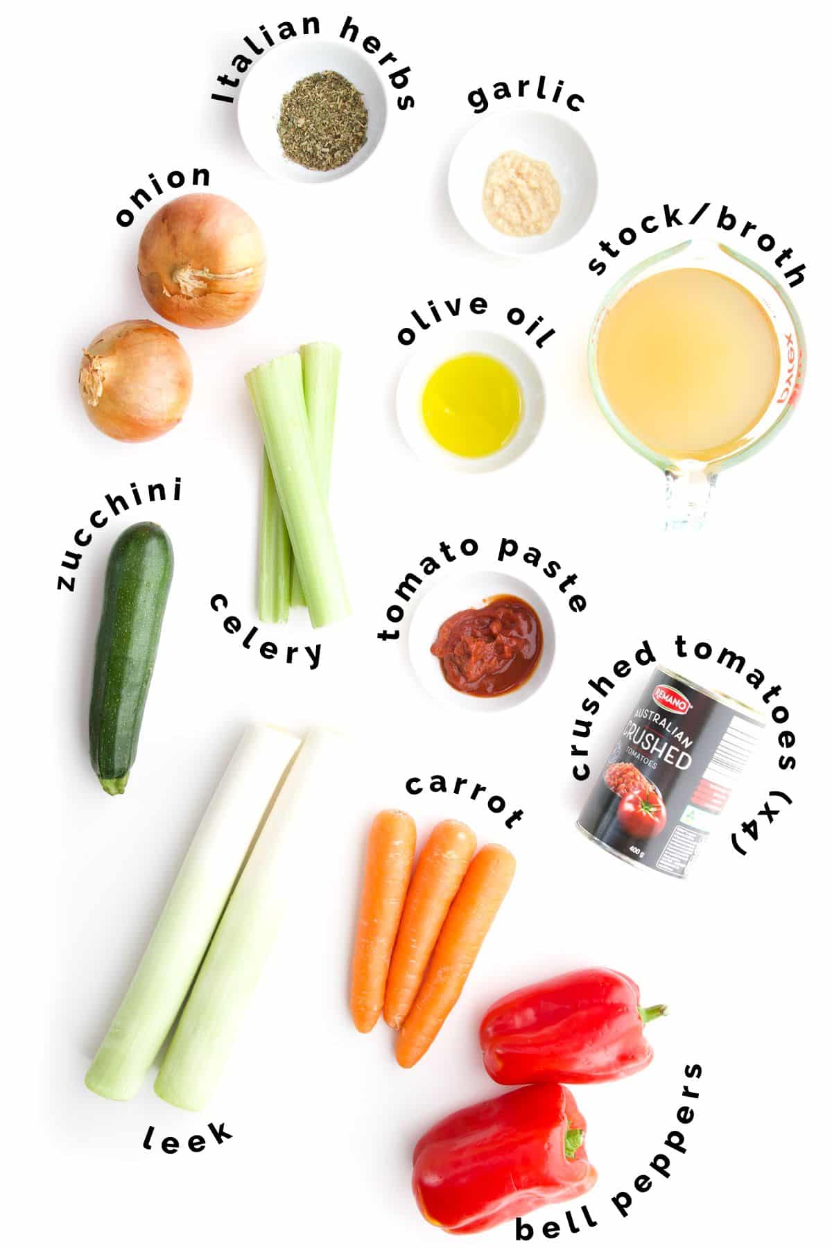 Flat Lay of Ingredients Needed to Make Hidden Veg Pasta Sauce. 