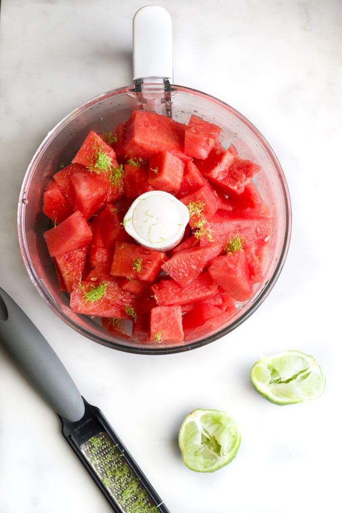 Chunks of Watermelon in Food Processor Ready for Blending