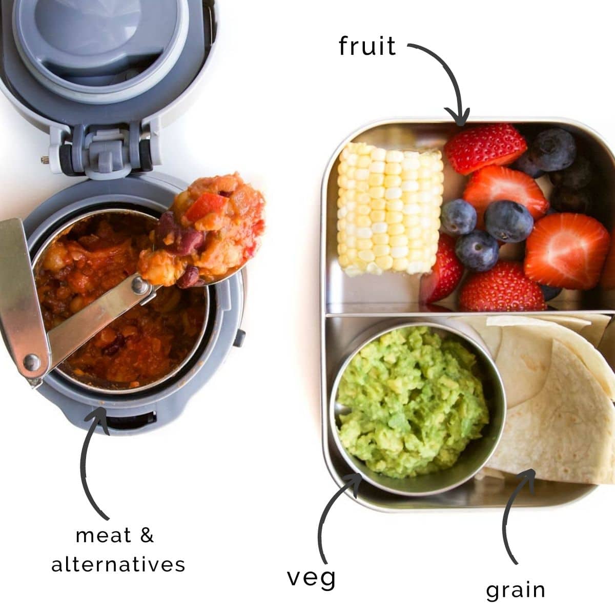 Thermo Lunch Container Filled with Vegetarian Chili Sitting Next to Bento Container Filled with Guacamole, Tortilla Chips, Berries and Corn on Cob.