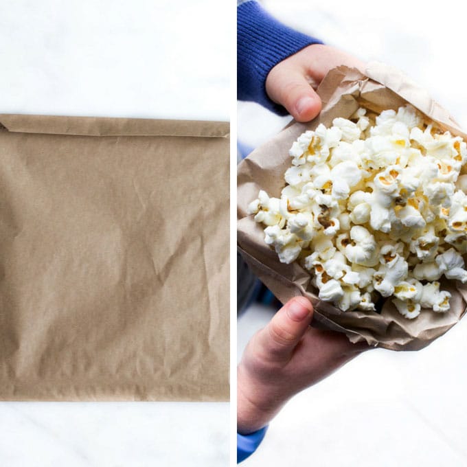 Homemade Popcorn Made in Microwave Before Popping and After Popping