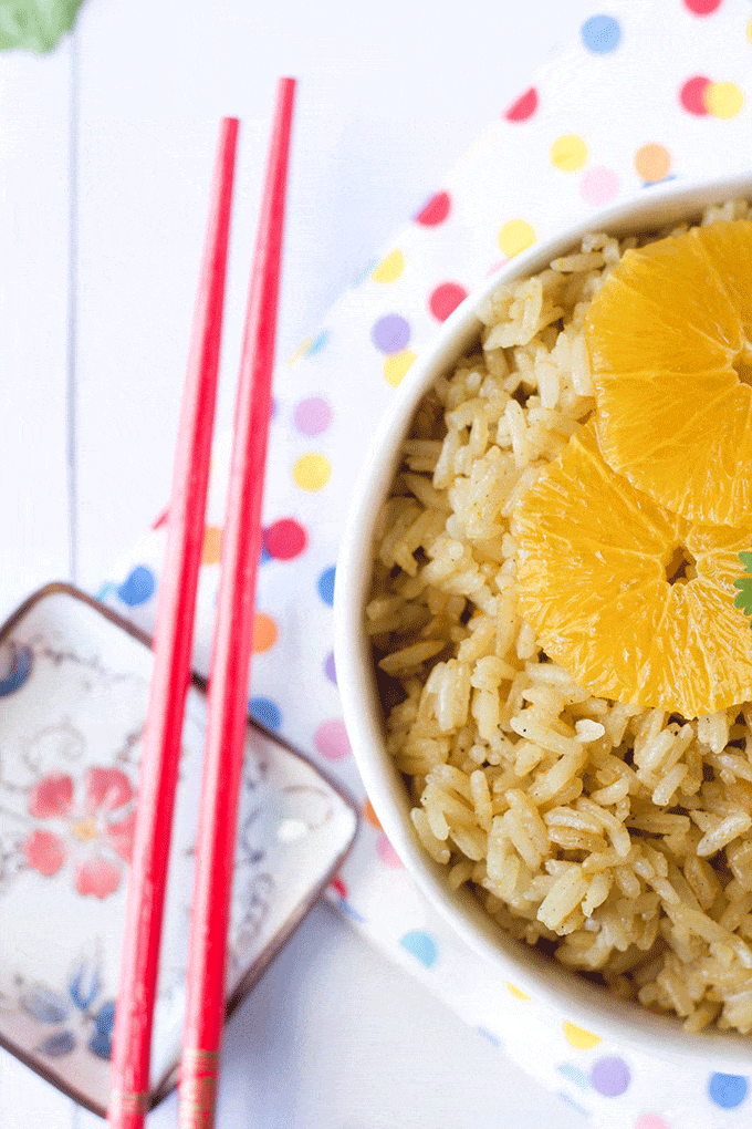 Orange ginger rice. A great side dish for kids. Rice cooked with orange, ginger and cardamom