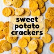 Sweet Potato Crackers Pinterest Pin with Image of Baked Sweet Potato Crackers on Tray.