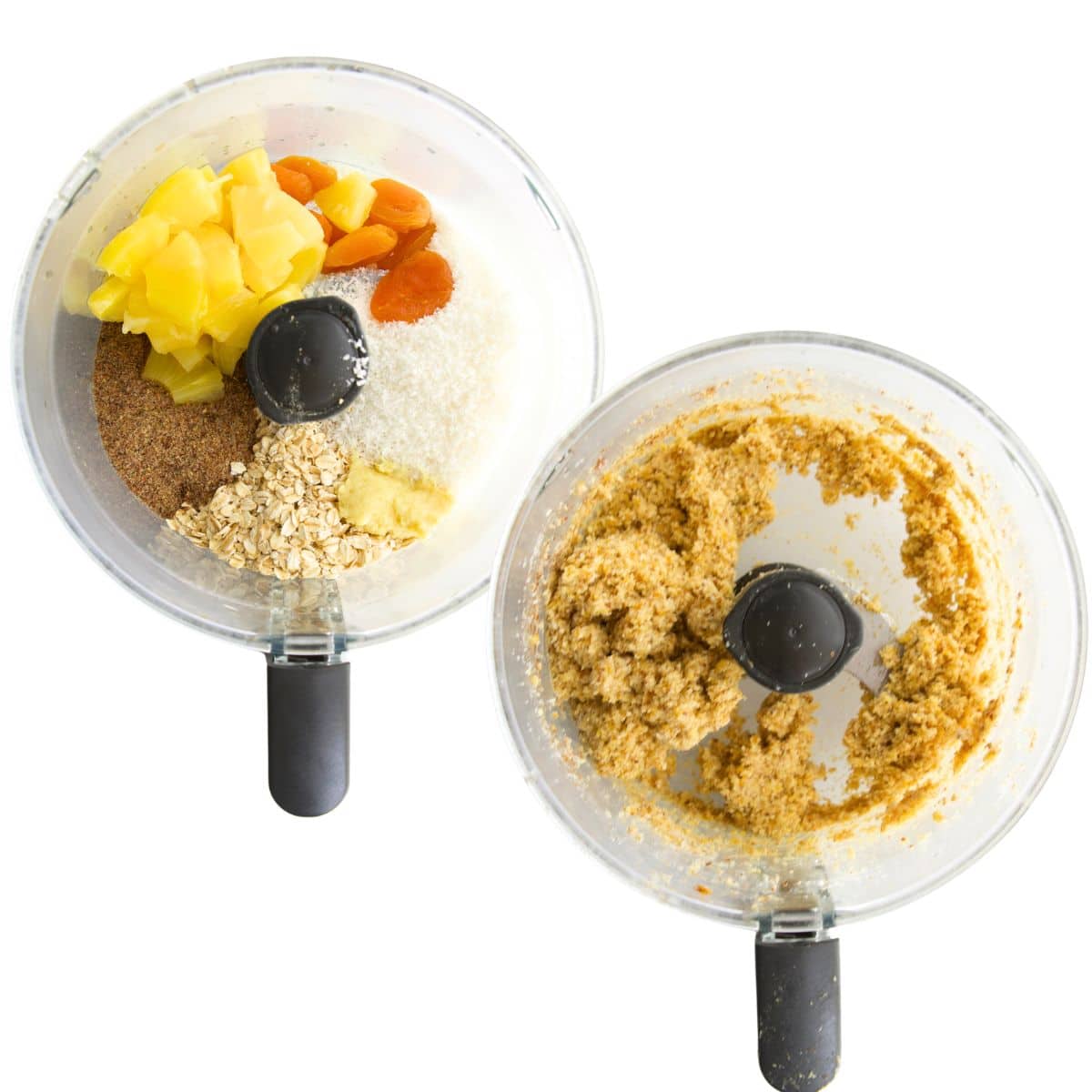 Tropical Balls Ingredients Food Processor Before and After Blending.