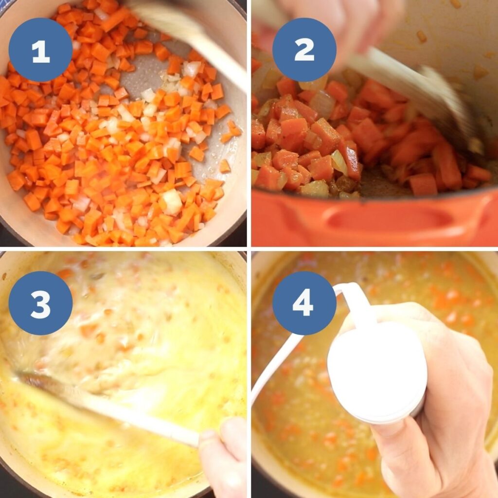 Collage of 4 Images Showing How to Make Curried Lentil Curry