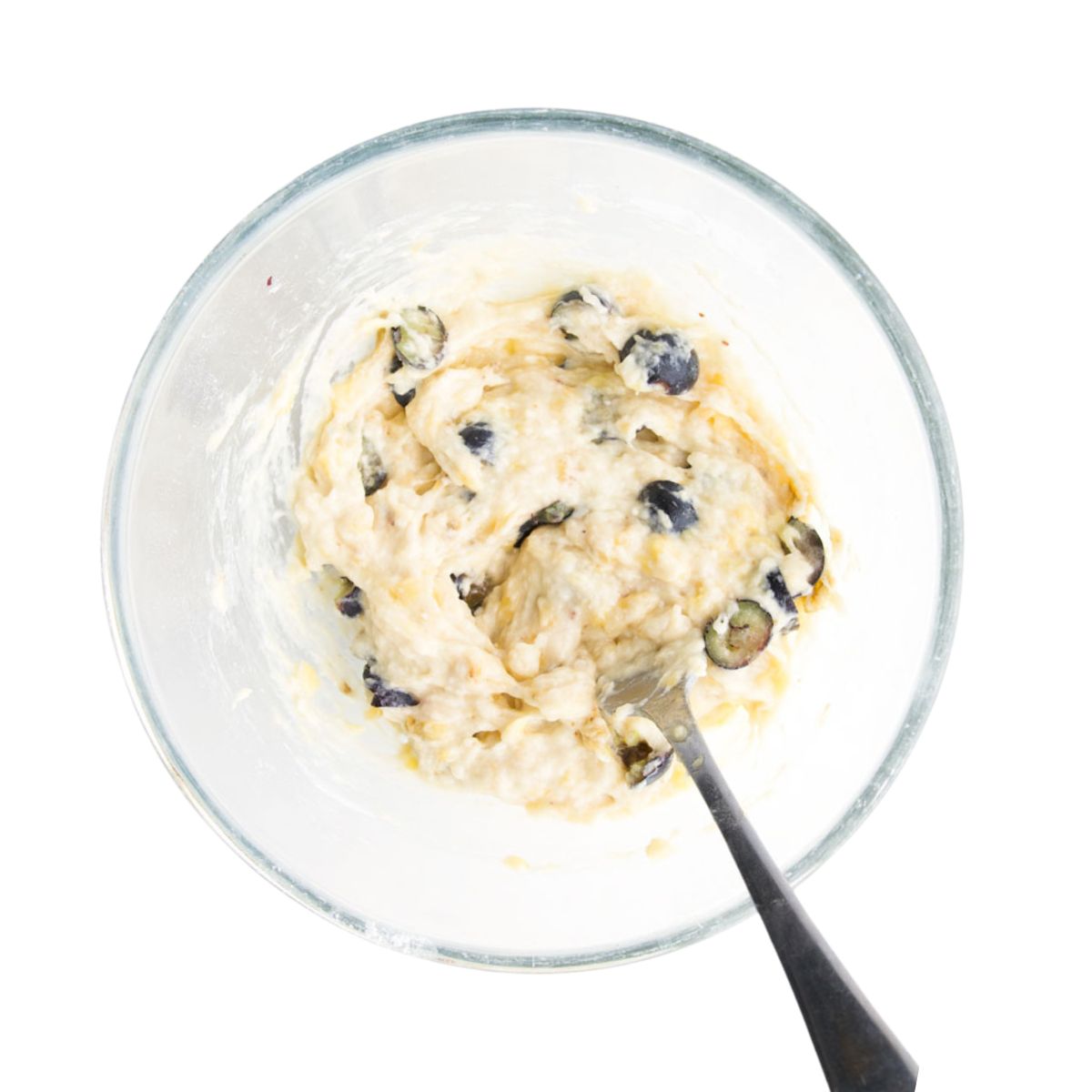 Banana Blueberry Fritter Mixture in Mixing Bowl. 