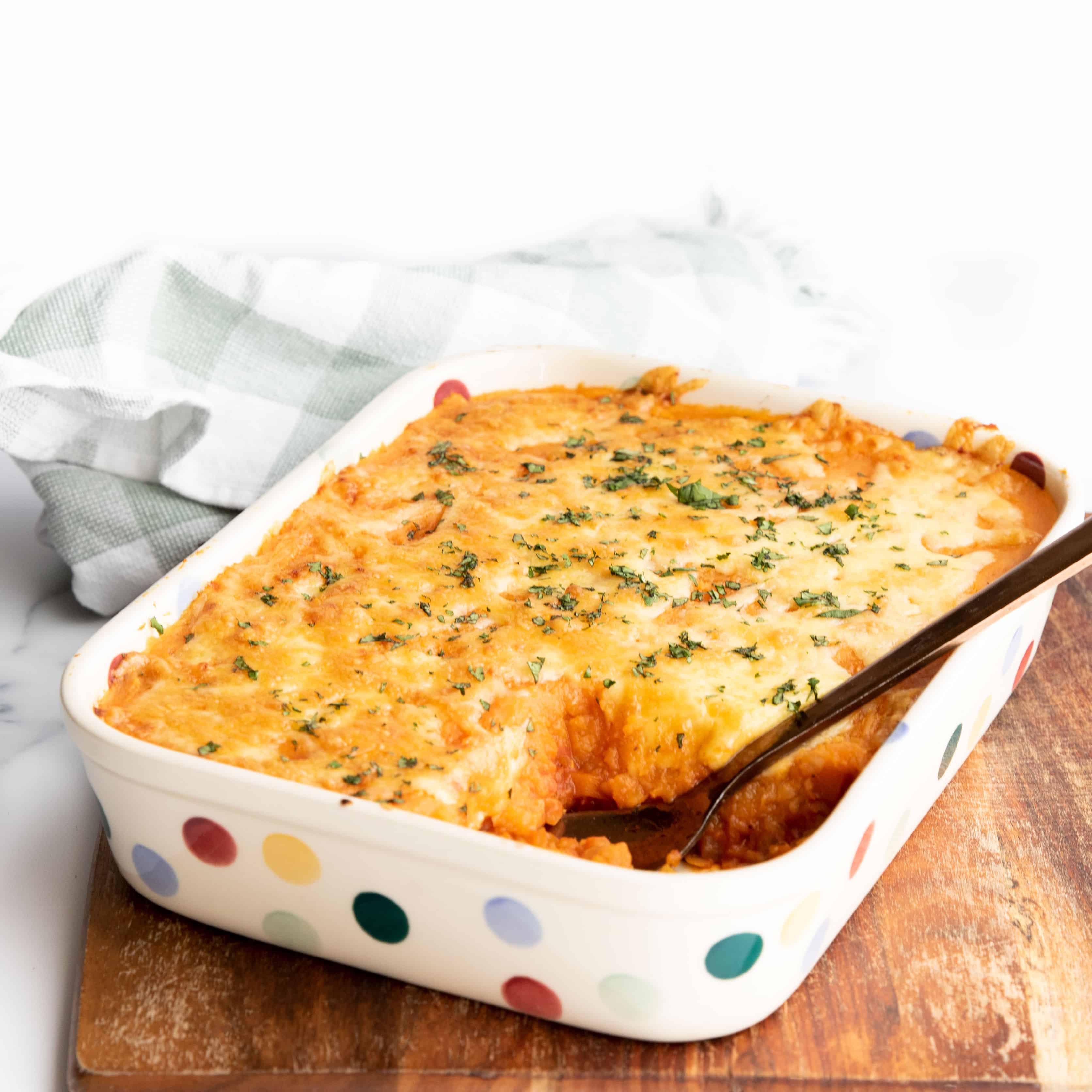 Cooked Red Lentil Cottage Pie in Baking Dish. 