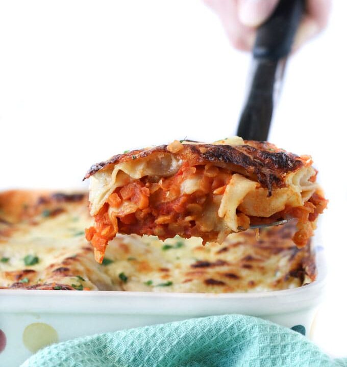 Red lentil lasagne. A delicious vegetarian lasagne perfect for kids and baby-led weaning.