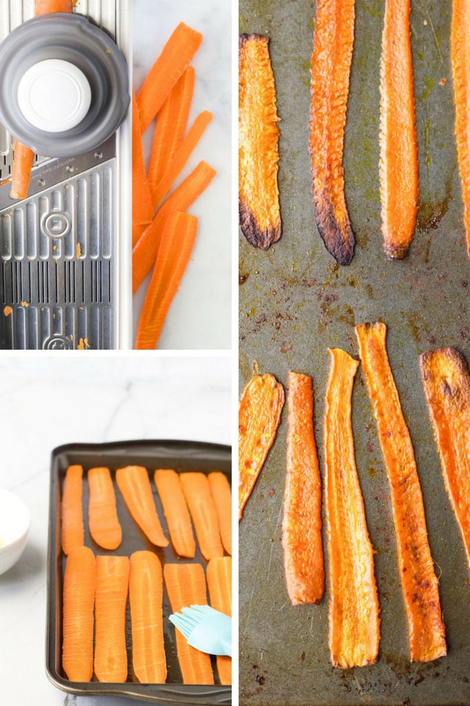 Collage of Roasted Carrot Strips Steps. Slicing Carrots on Mandoline, Brushing Carrots with Oil and Carrots Strips out of Oven