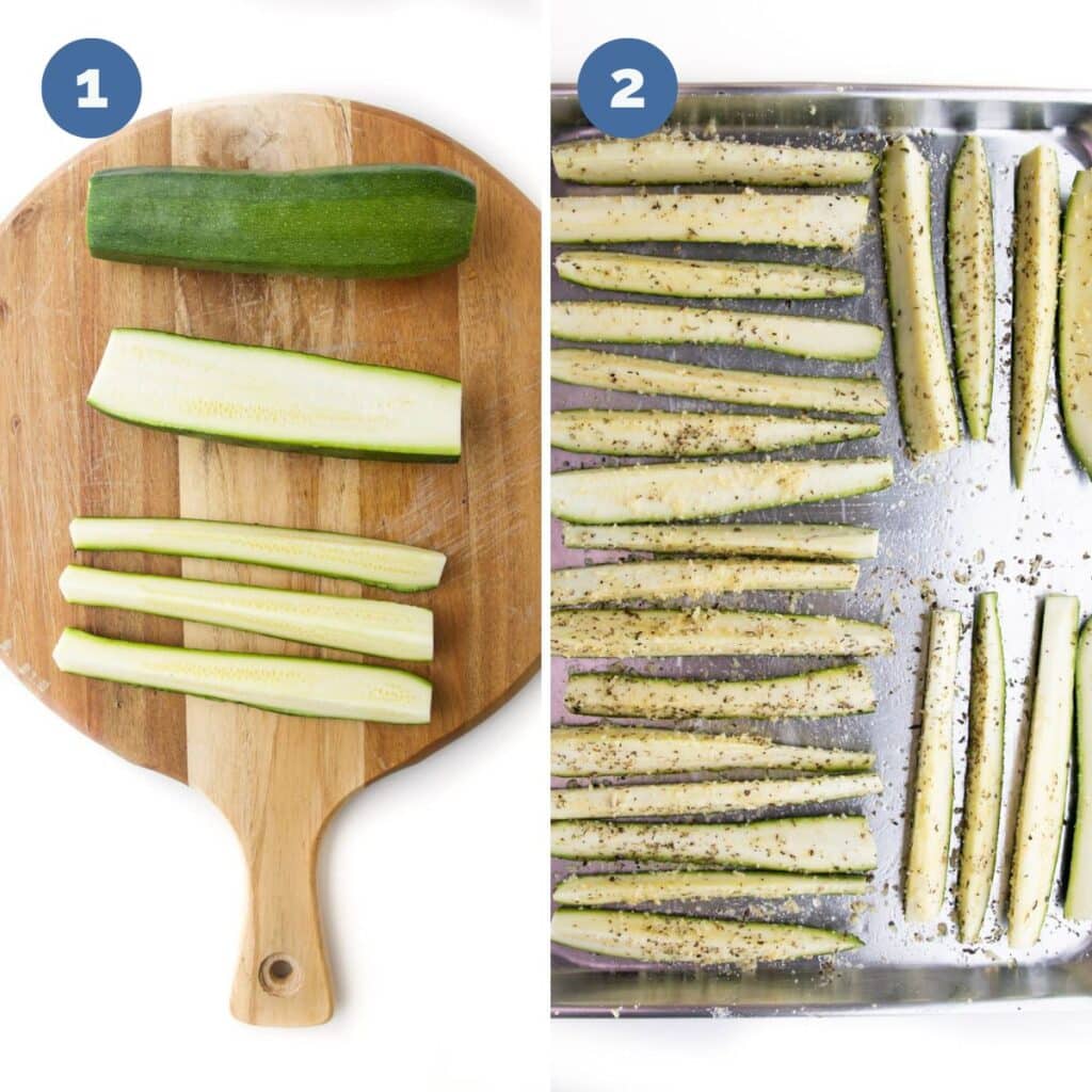 Collage of 2 Images. First Image Showing How to Cut Courgette, Second Image Baking Sheet with Coated Courgette