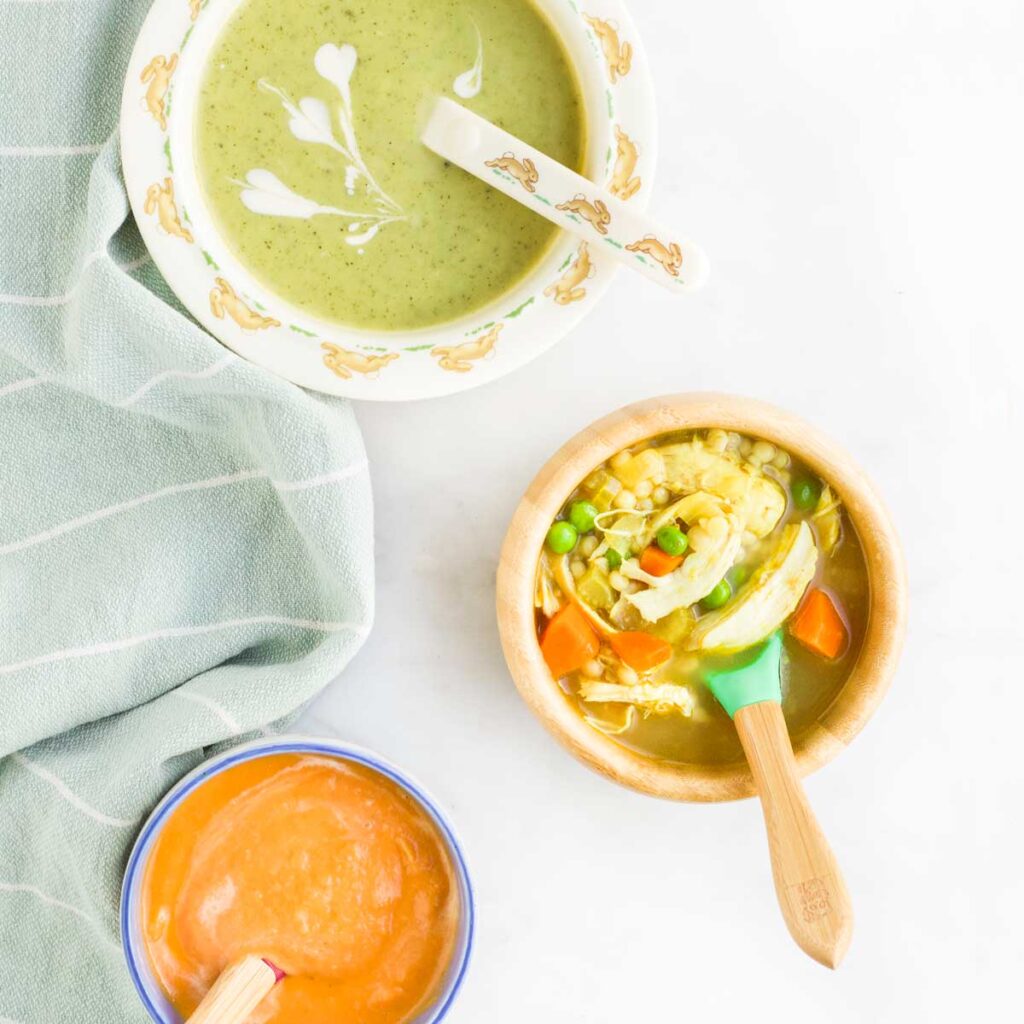 Top Down View of Three Baby Bowls of Soup (Zucchini, Chicken and Tomato)