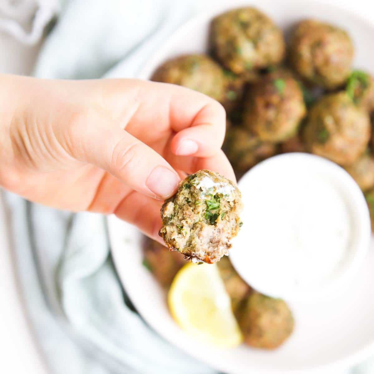 Child Holding Spiced Meatball with Bite Taken Out. Plate of Meatballs in Background.