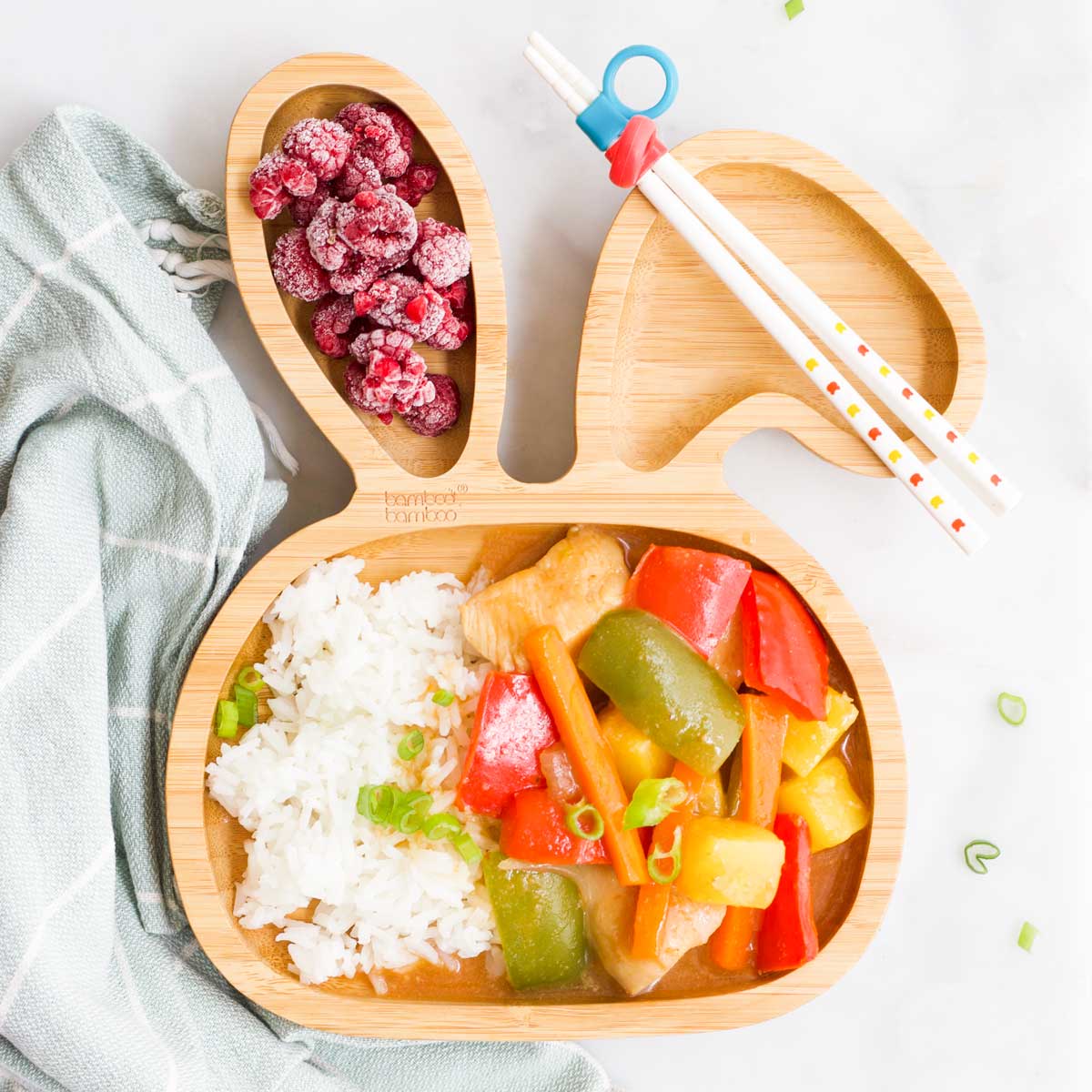 Sweet and Sour Chicken Served on Bunny Toddler Plate with Kid's Chopstick