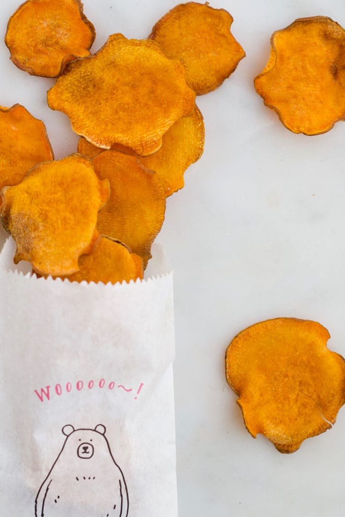 Sweet Potato Chips Spilling from Bag