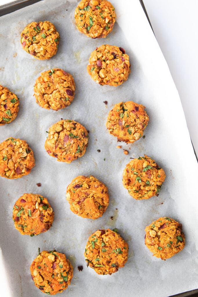 Cooked Sweet Potato Chickpea Patties on Baking Tray.