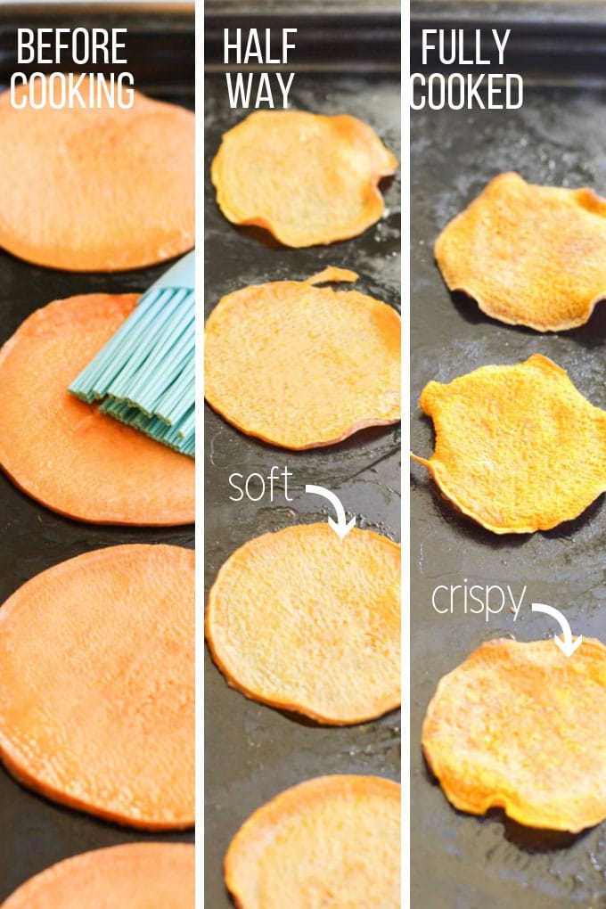 Visual Guide to Illustrate Sweet Potato Chips 1) Before Cooking 2) Half Way and 3) Fully Cooked