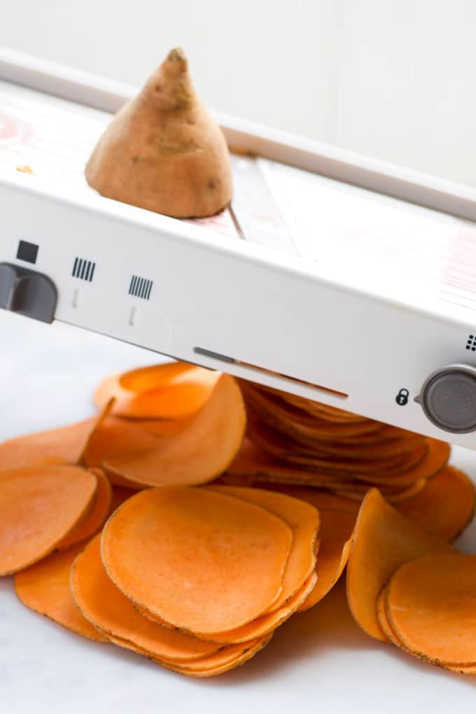 Sweet Potato Slices Cut with a Mandoline