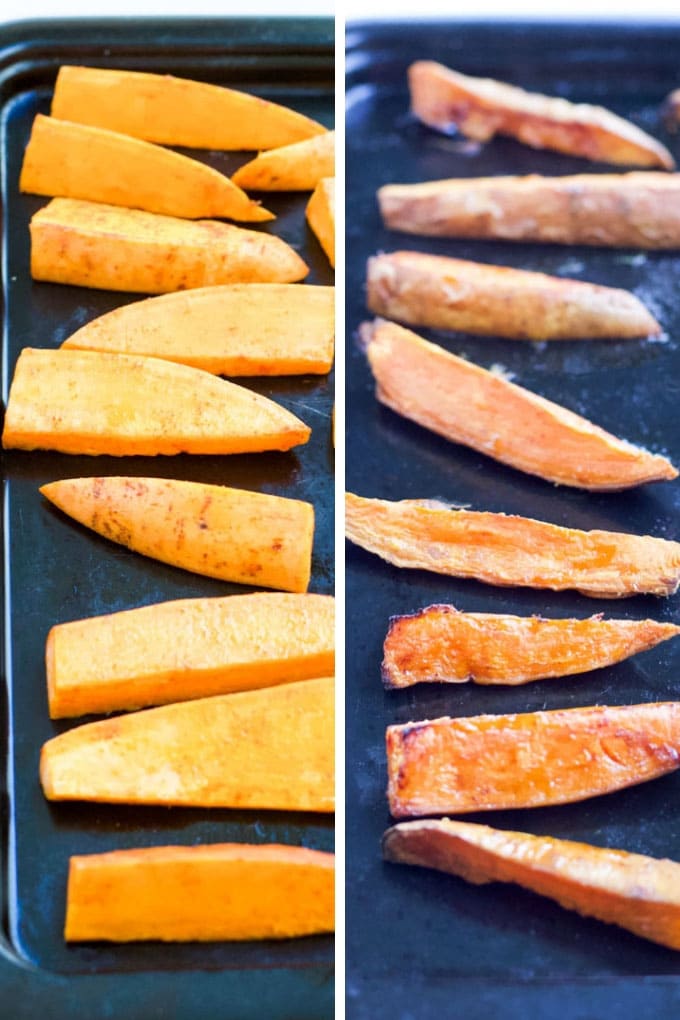 sweet potato wedges before and after cook