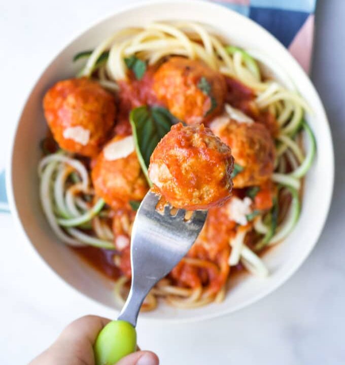 Turkey Meatballs in Bowl with Spaghetti and Tomato Sauce