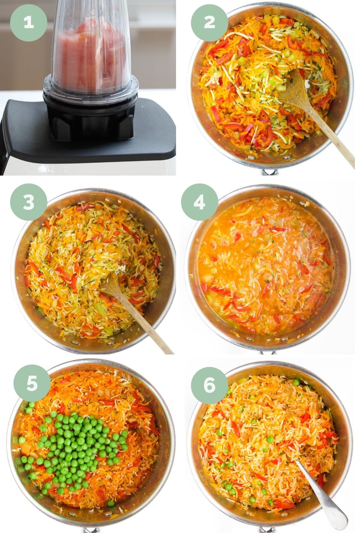 Collage of 6 Images Showing Process Shots for Making Vegetable Rice