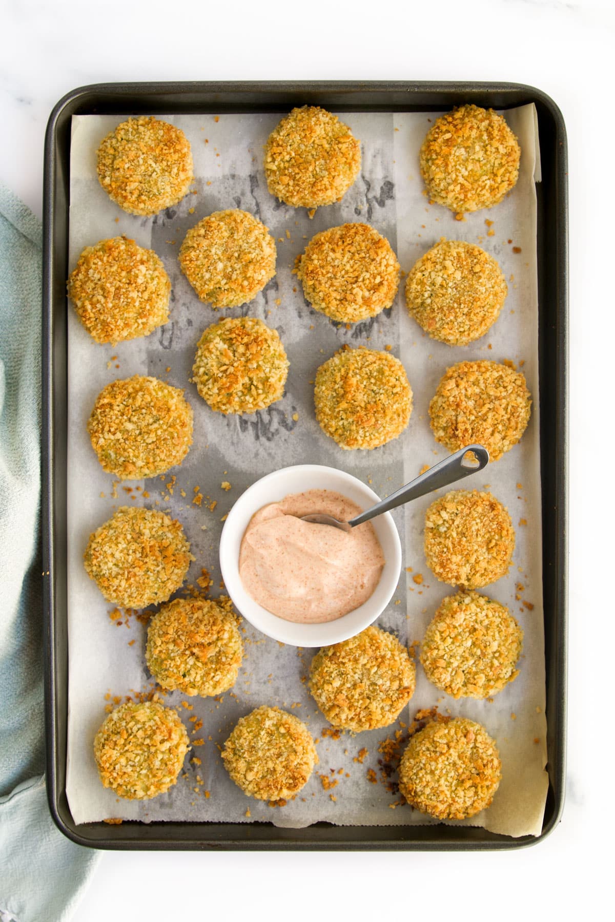 Veggie Nuggets on Baking Sheet with Smoked Paprika Dip.