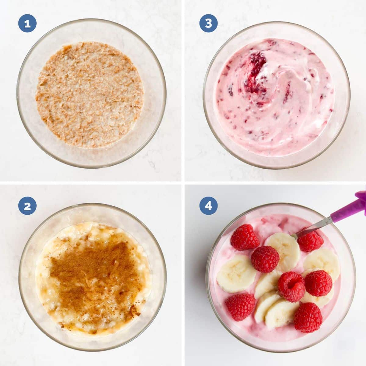 Collage of 4 Images Showing How to Make Overnight Weetabix.