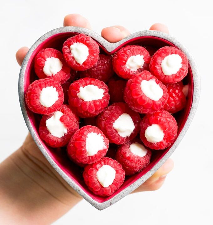 Yoghurt Filled Raspberries in Heart Shaped Bowl