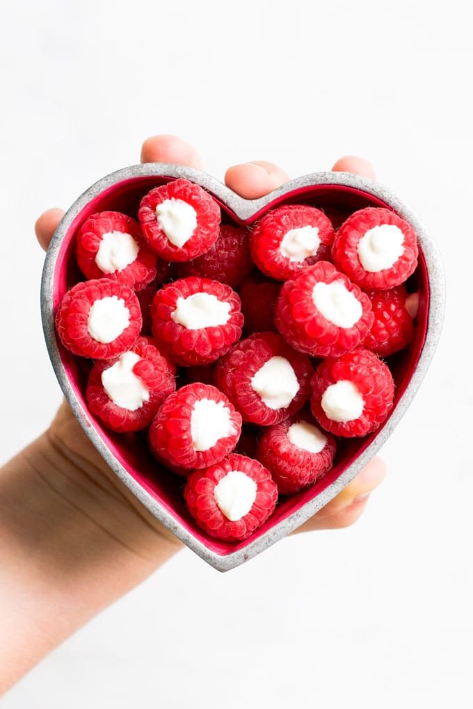 Yoghurt Filled Raspberries in Heart Shaped Bowl