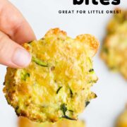 Pinterest Pin With Image of Child's Fingers Holding a Zucchini Bite with Other Bites in Background.